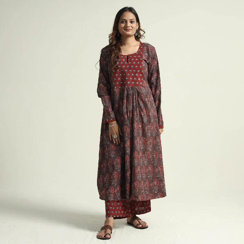 Discount Deals Brown - Block Print Cotton Flared Ajrakh Kurta with Palazzo Set