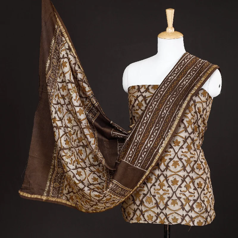 Price Buster Brown - 3pc Akola Block Printed Chanderi Silk Suit Material Set