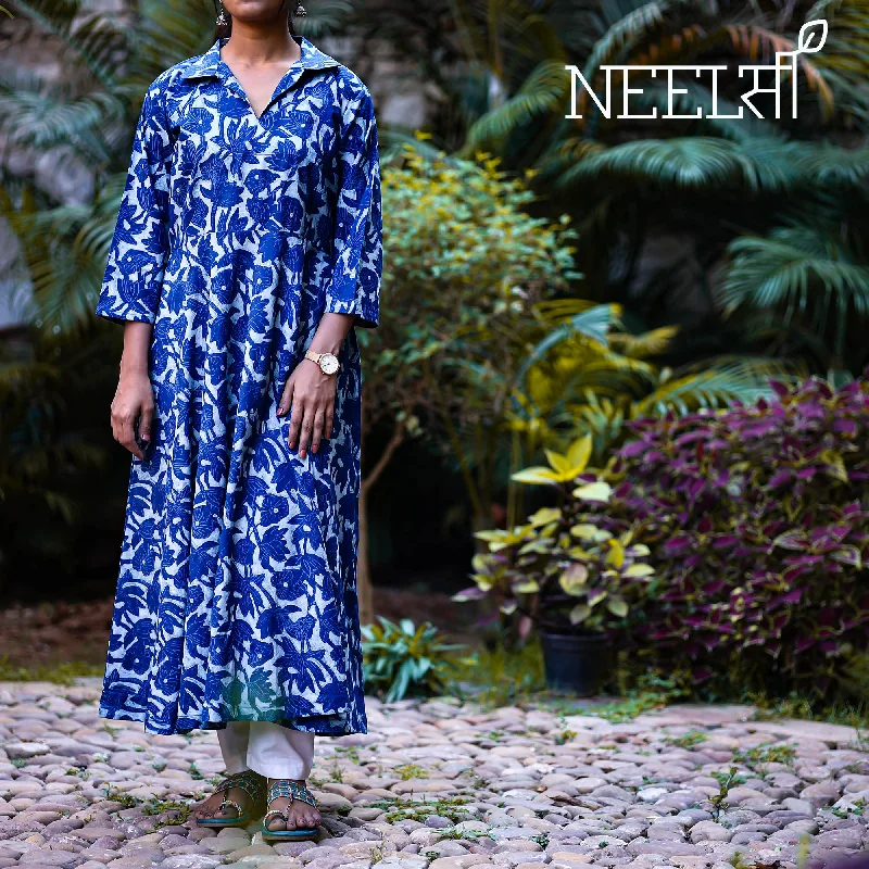 Final Clearance Blue - Dabu Block Printed Cotton Flared Gher Dress