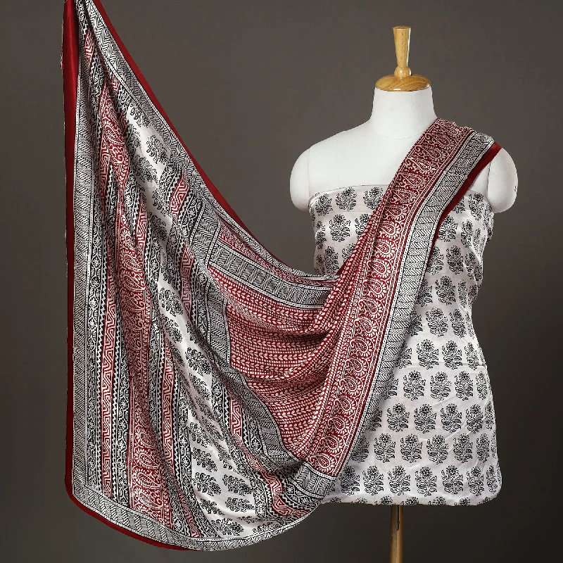 Huge Savings White - 3pc Modal Silk Bagh Print Suit Material Set 01