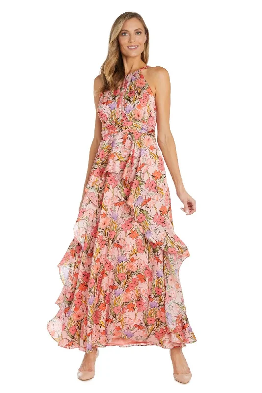 Limited Quantity R&M Richards 1118P Long Halter Petite Floral Ruffle Dress