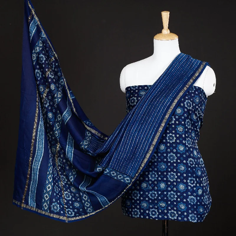 Sneak Peek Sale Blue - 3pc Akola Block Printed Chanderi Silk Suit Material Set