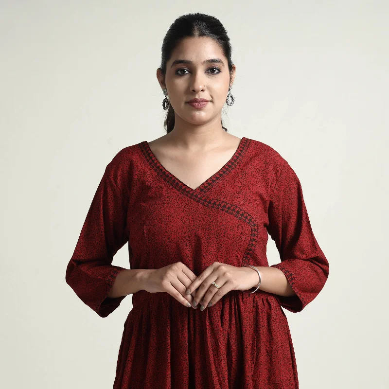 Instant Discount Maroon - Bagh Block Printed Cotton Dress