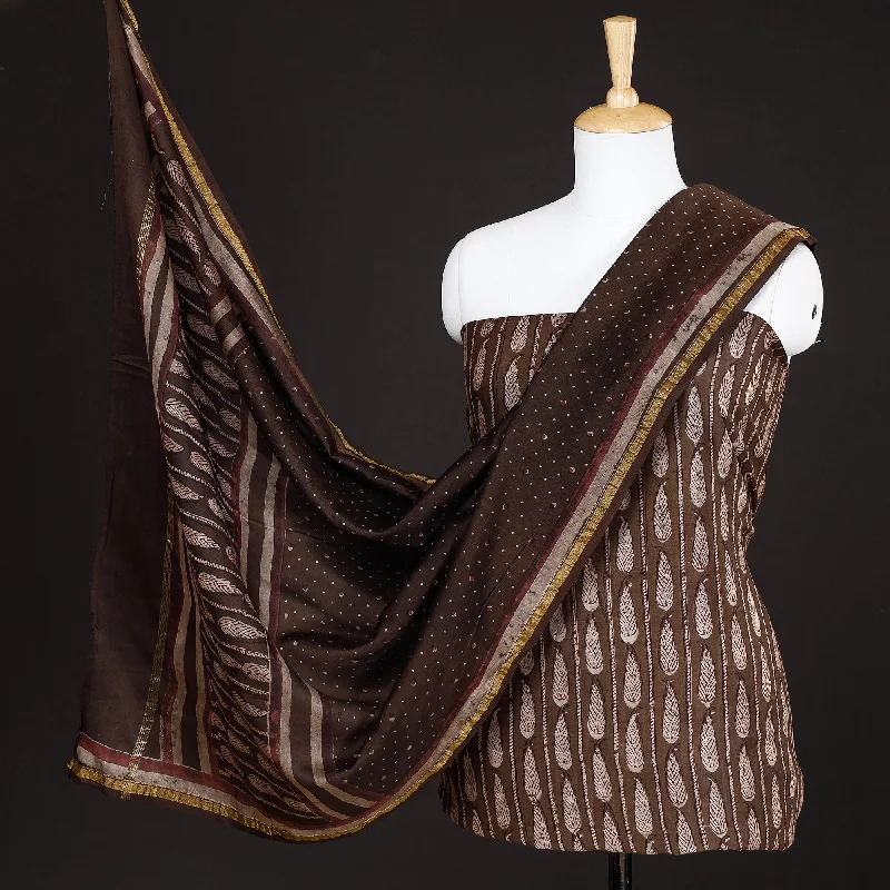 Exclusive Savings Brown - 3pc Akola Block Printed Chanderi Silk Suit Material Set