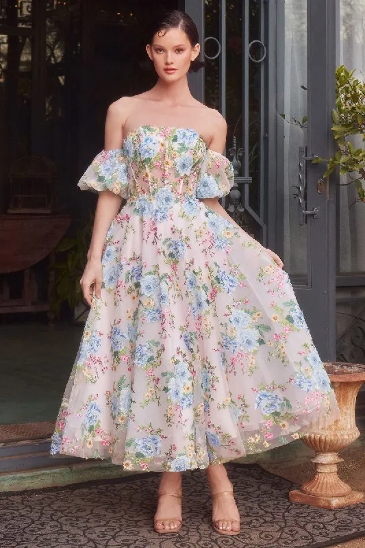 Discount Days Andrea & Leo A1406 Tea Length A Line Printed Floral Formal Dress