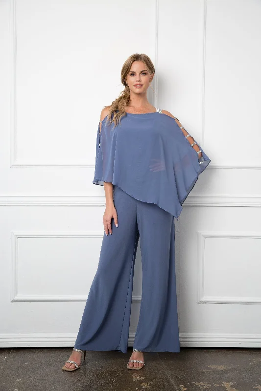 Bargain Bin Slate Blue XL Formal Chiffon Cape Overlay Jumpsuit Sale