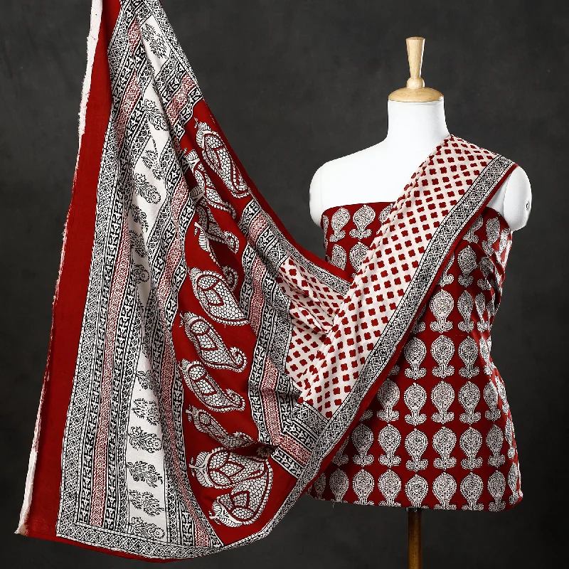 Great Bargains Red - 3pc Natural Dyed Cotton Bagh Print Suit Material Set 03