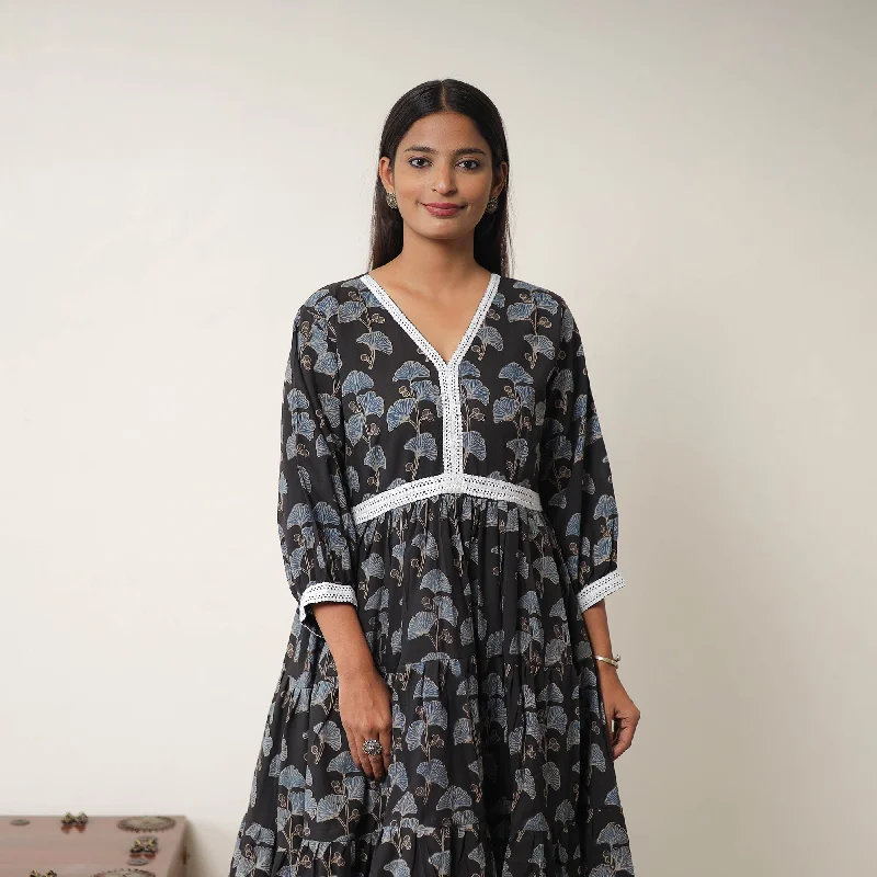 TIME-Limited Offer Black - Hand Block Print Cotton Tiered Ajrakh Dress 17
