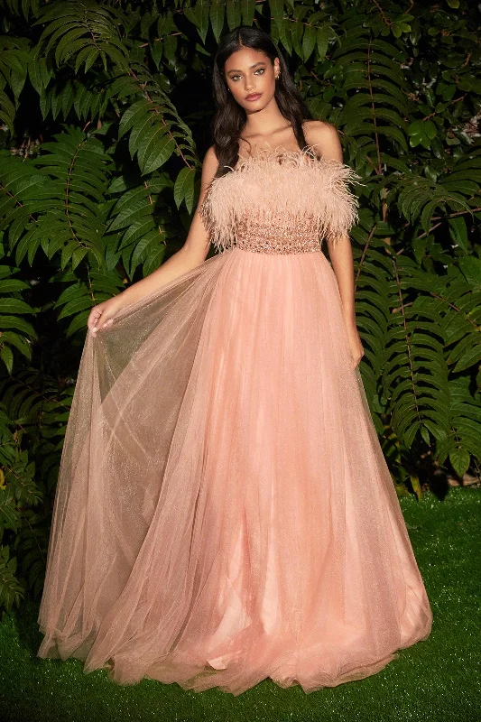Extra Savings Cinderella Divine CR864 Feathered Strapless A Line Long Prom Dress