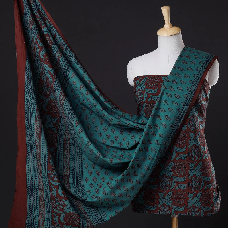 Steals and Deals Green - 3pc Natural Dyed Cotton Bagh Print Suit Material Set