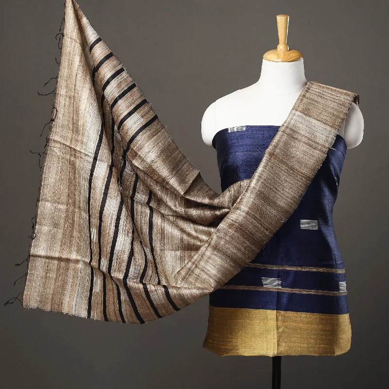 Steals and Deals Blue - 3pc Bhagalpuri Handloom Tussar Silk Dress Material 01