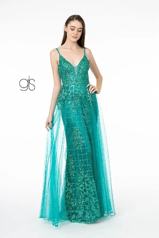 Don’t Miss Out Glitter Mesh Illusion Deep V-Neck Long Prom Dress Sale