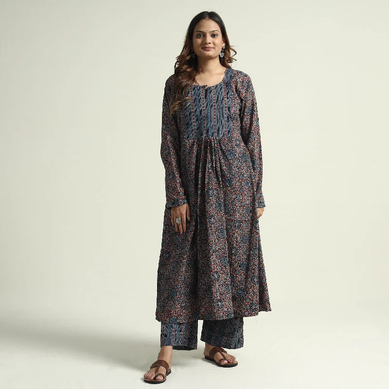 Stock Clearance Blue - Block Print Cotton Flared Ajrakh Kurta with Palazzo Set