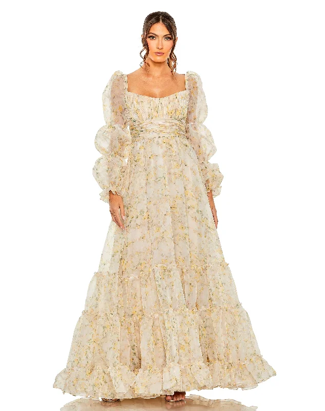 One-DAY Sale Mac Duggal 68288 Long Sleeve Formal Floral Chiffon Dress