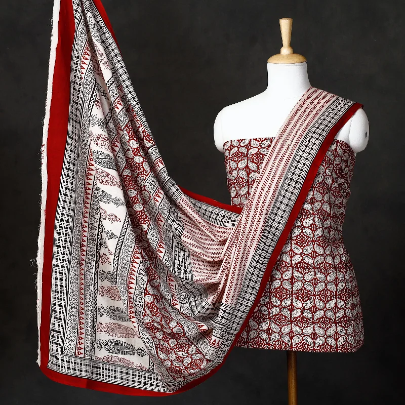 Instant Discount Red - 3pc Natural Dyed Cotton Bagh Print Suit Material Set 77