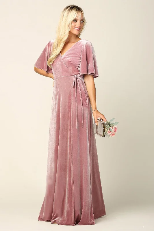 Online Only Mother of the Bride Long Flutter Sleeve Velvet Gown Sale