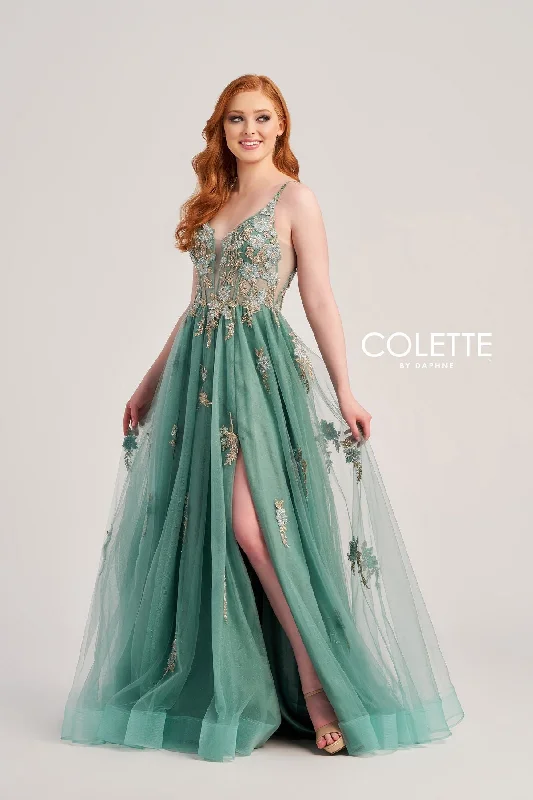Price Drop Colette CL5143 Floral Applique Long Formal Glitter Prom Dress