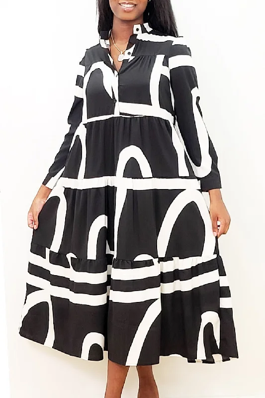 Midnight Madness Long Sleeve Tiered Cotton Midi Dress