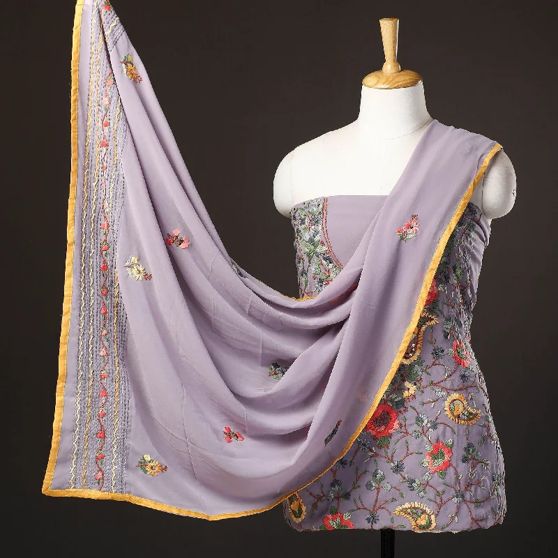 New Arrival Purple - 3pc Hand Embroidery Georgette Phulkari Dress Material 01