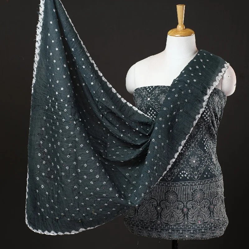 Steals and Deals Grey - 3pc Kutch Bandhani Tie-Dye Mirror Work Satin Cotton Suit Material Set 80 Steals and Deals Grey - 3pc Kutch Bandhani Tie-Dye Mirror Work Satin Cotton Suit Material Set 80
