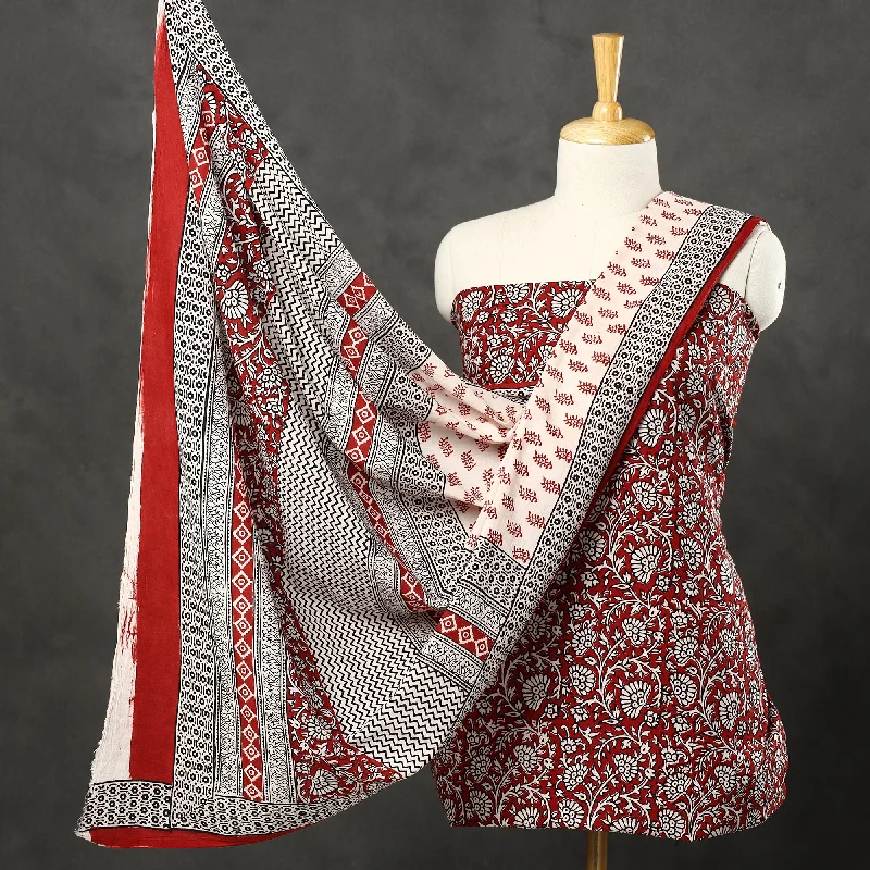 Year-End Sale Red - 3pc Bagh Print Cotton Dress Material Set 45