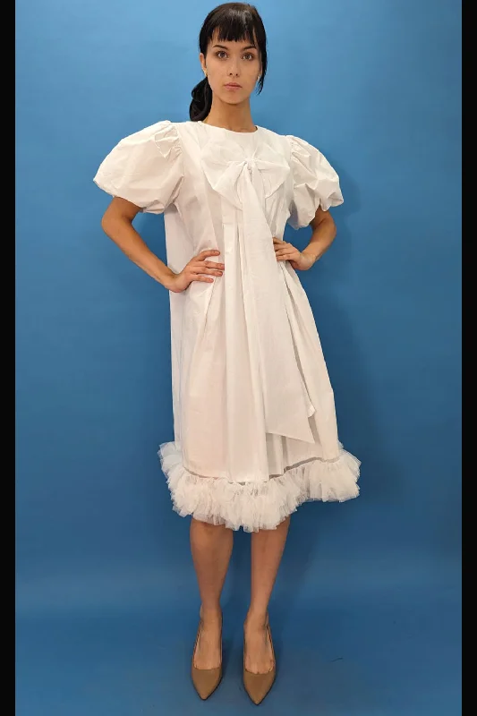 Limited Availability Short Puff Sleeve Bow Cotton Blend Dress