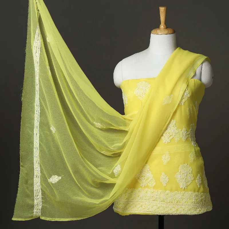 Deal of the Day Yellow - 3pc Lucknow Chikankari Hand Embroidery Georgette Suit Material Set 39