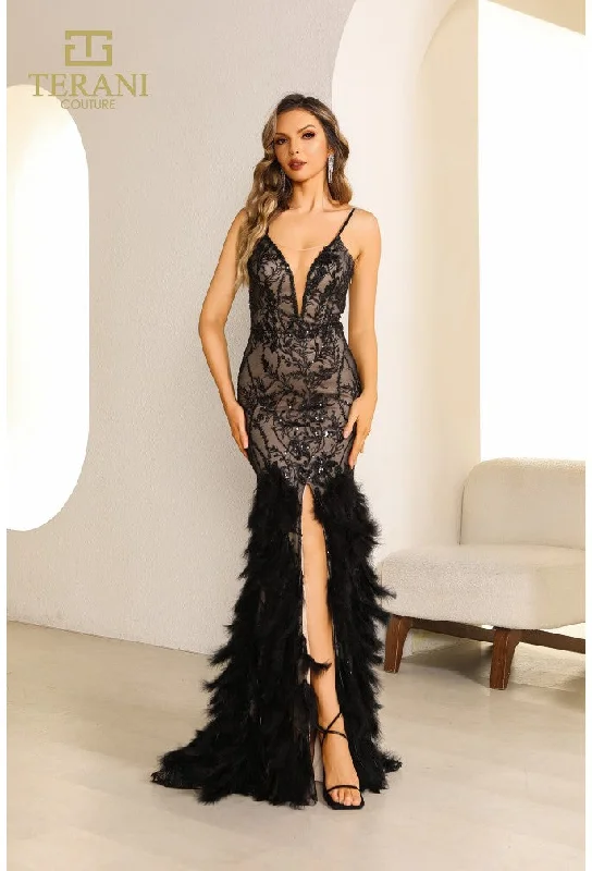 Best Bargains Terani Couture 251P4321 Long Fitted Formal Feather Prom Dress