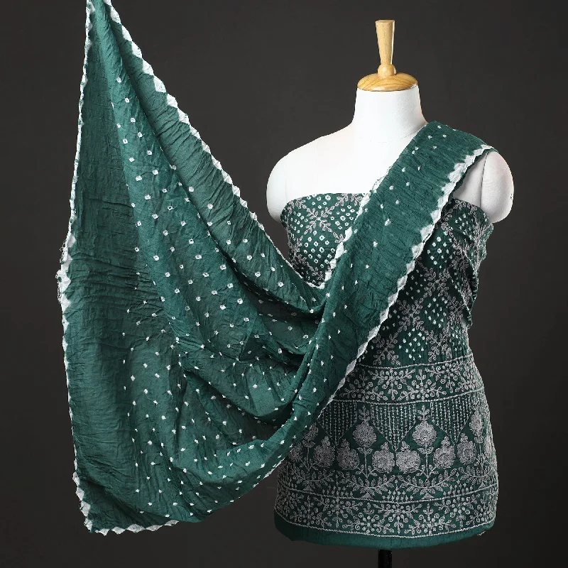 One-DAY Sale Green - 3pc Kutch Bandhani Tie-Dye Cotton Suit Material Set 219