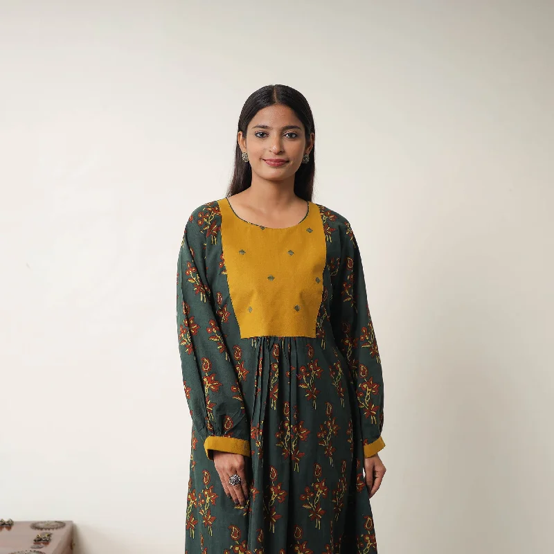 Low Prices Green - Hand Block Print Cotton Flared Gher Ajrakh Dress 11