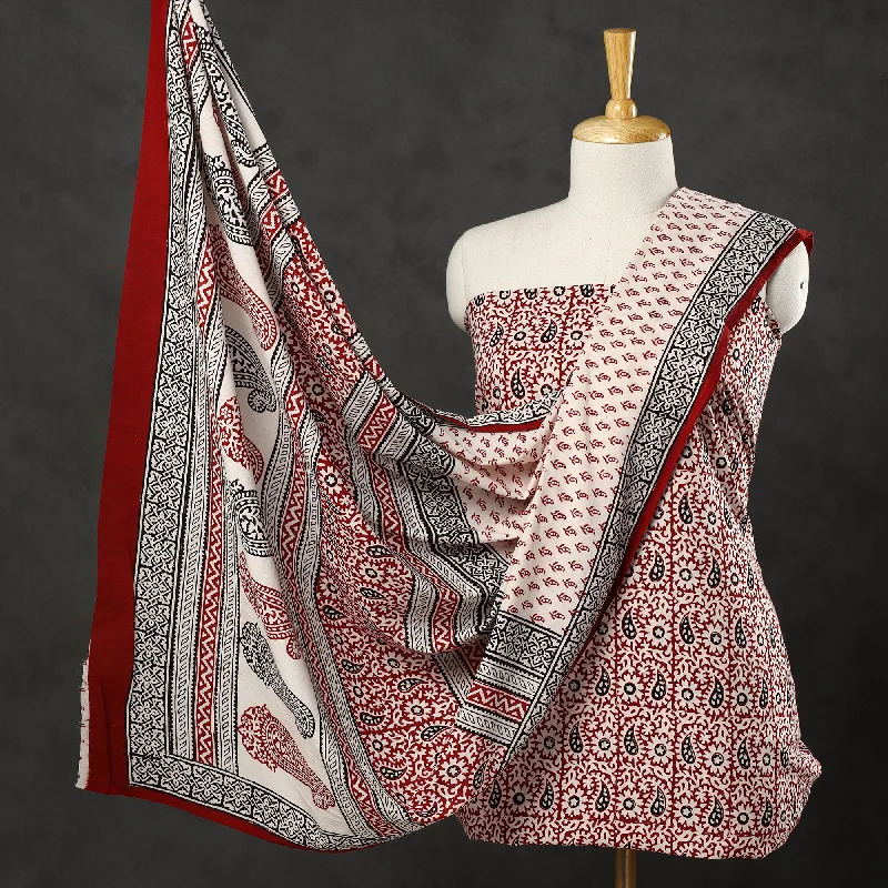 Super Sale Red - 3pc Bagh Print Cotton Dress Material Set 27