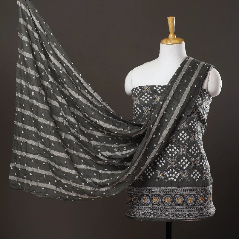 Super Sale Grey - 3pc Satin Cotton Kutch Bandhani Dress Material 06
