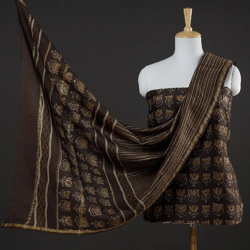 Fantastic Deals Brown - 3pc Akola Block Printed Chanderi Silk Suit Material Set