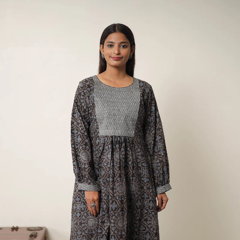 YEAR-End Sale Black - Hand Block Print Cotton Flared Gher Ajrakh Dress 12