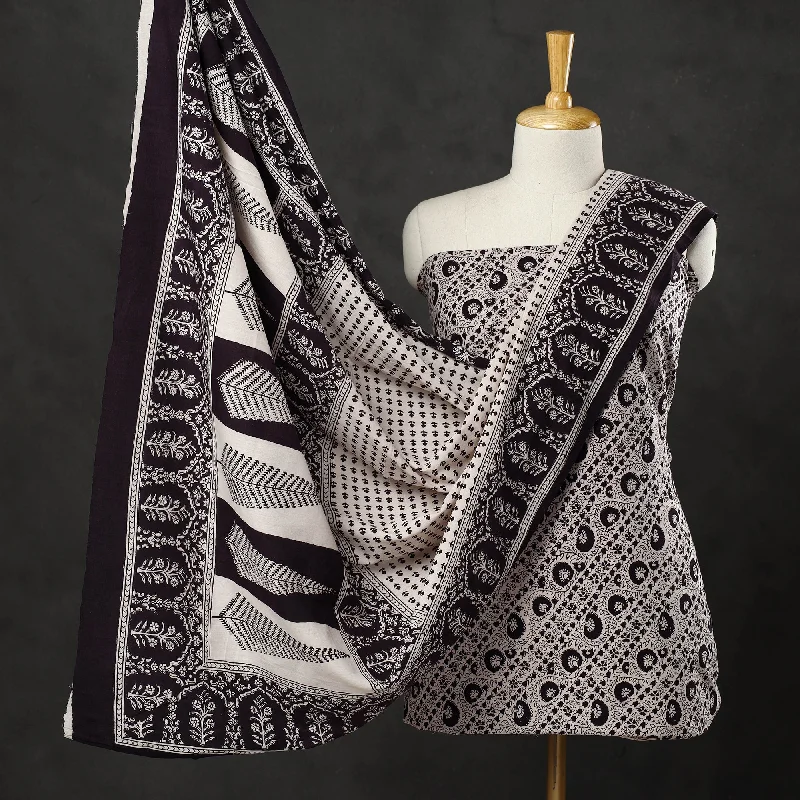 Price Meltdown White - Black - 3pc Bagh Print Cotton Dress Material Set 23