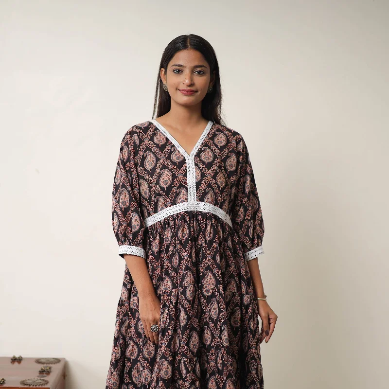 Reduced Prices Black - Hand Block Print Cotton Tiered Ajrakh Dress 19