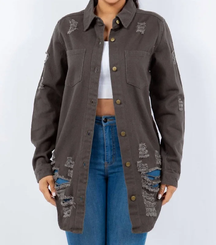 Limited Time Distressed Button Up Long Sleeve Denim Jacket In Gray