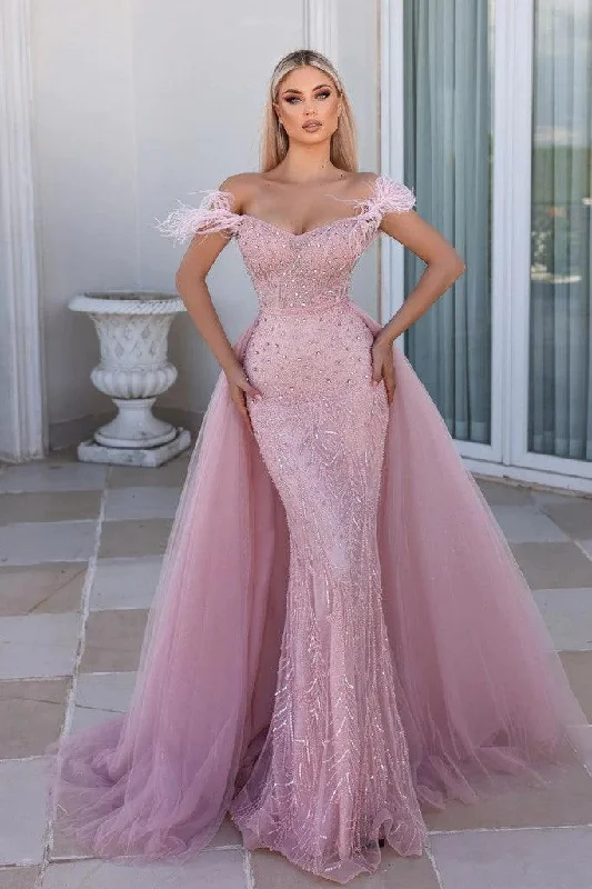 Low Prices Portia and Scarlett PS23961 Long Feather Off Shoulder Prom Gown