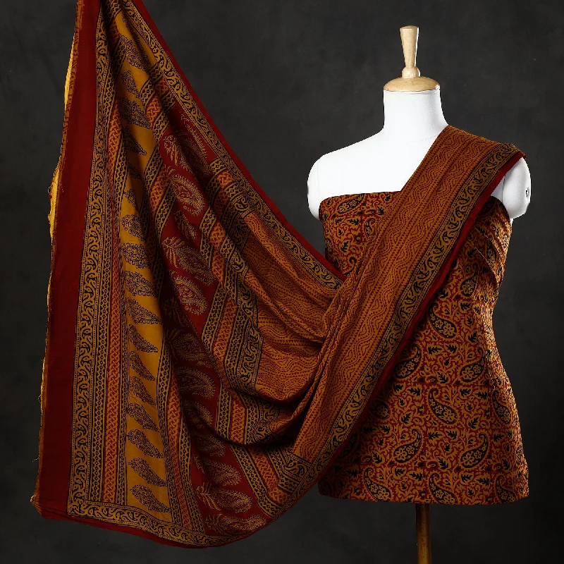 Super Sale Orange - 3pc Natural Dyed Cotton Bagh Print Suit Material Set 39