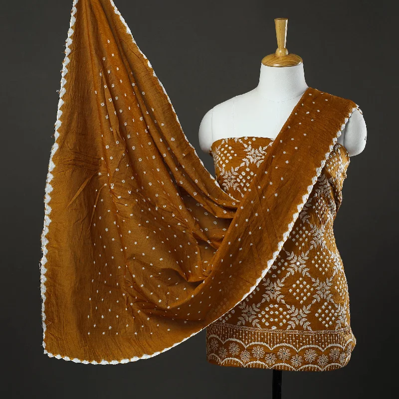 Online Only Brown - 3pc Tie & Dye Satin Cotton Bandhani Dress Material 23