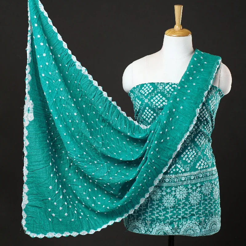 Doorbuster Deal Green - 3pc Kutch Bandhani Tie-Dye Sequin Work Satin Cotton Suit Material Set 57 Doorbuster Deal Green - 3pc Kutch Bandhani Tie-Dye Sequin Work Satin Cotton Suit Material Set 57