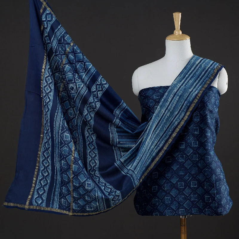Buy More, Save More Blue - 3pc Akola Block Printed Chanderi Silk Suit Material Set