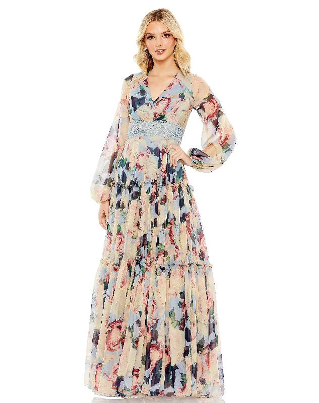Bargain Prices Mac Duggal 11401 Long Sleeve Formal Floral Print Dress