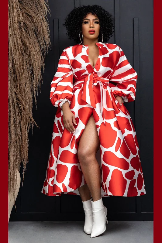 Great Deals Long Sleeve Belt Print Button Down A Line Midi Dress