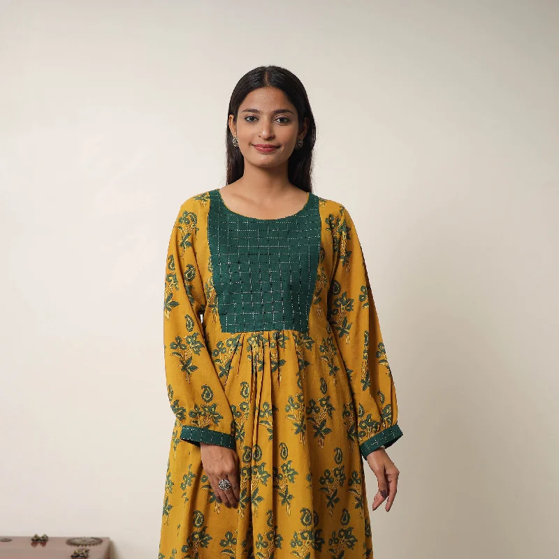 Super Sale Yellow - Hand Block Print Cotton Flared Gher Ajrakh Dress 13