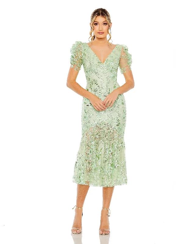 Final Clearance Mac Duggal 68266 Short Sleeve Formal Tea Length Dress
