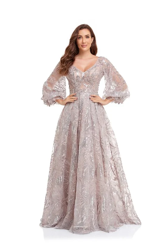 Act Fast High Couture NR2225 Prom Long Puff Sleeve Glitter Ball Gown