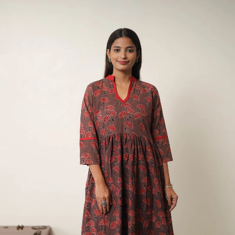 Unmissable Offer Brown - Hand Block Print Cotton Flared Gher Ajrakh Dress 10