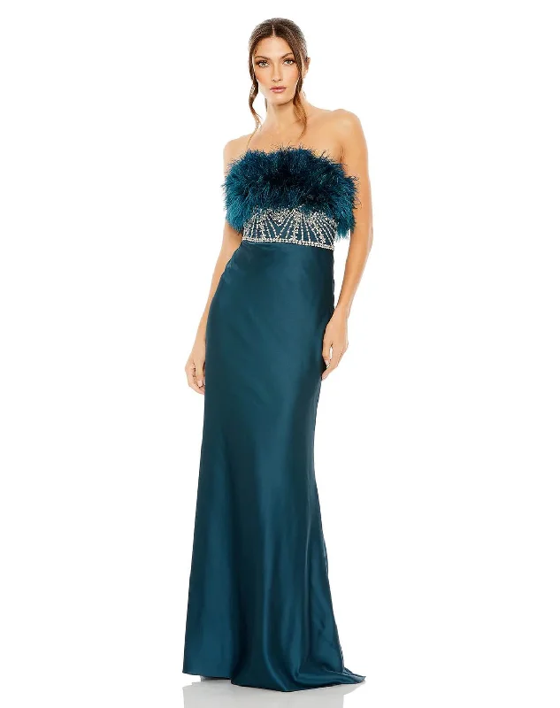 Act Now Mac Duggal 11686 Long Strapless Feather Rhinestone Detailed Dress