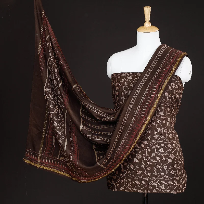 Closeout Sale Brown - 3pc Akola Block Printed Chanderi Silk Suit Material Set